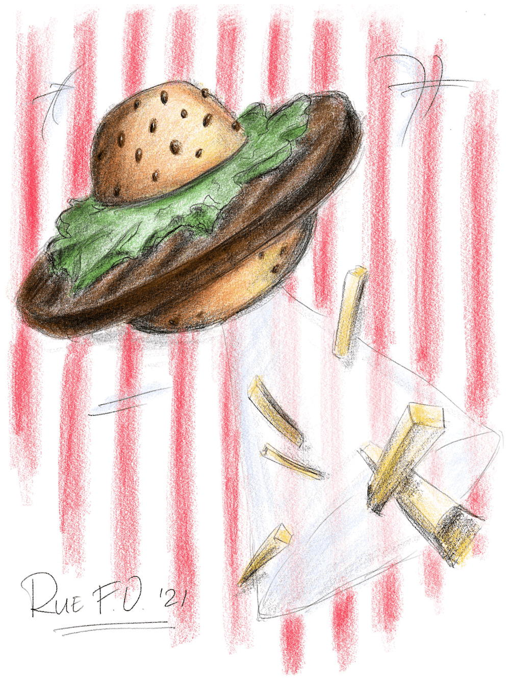 Hamburger UFO by Marc Rodan Rue F.O. french fries diner sunday scribbles